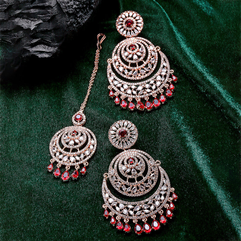 Rose Gold-Plated Round Red American Diamond Studded Chandbali  Maang Tikka & Earrings Set