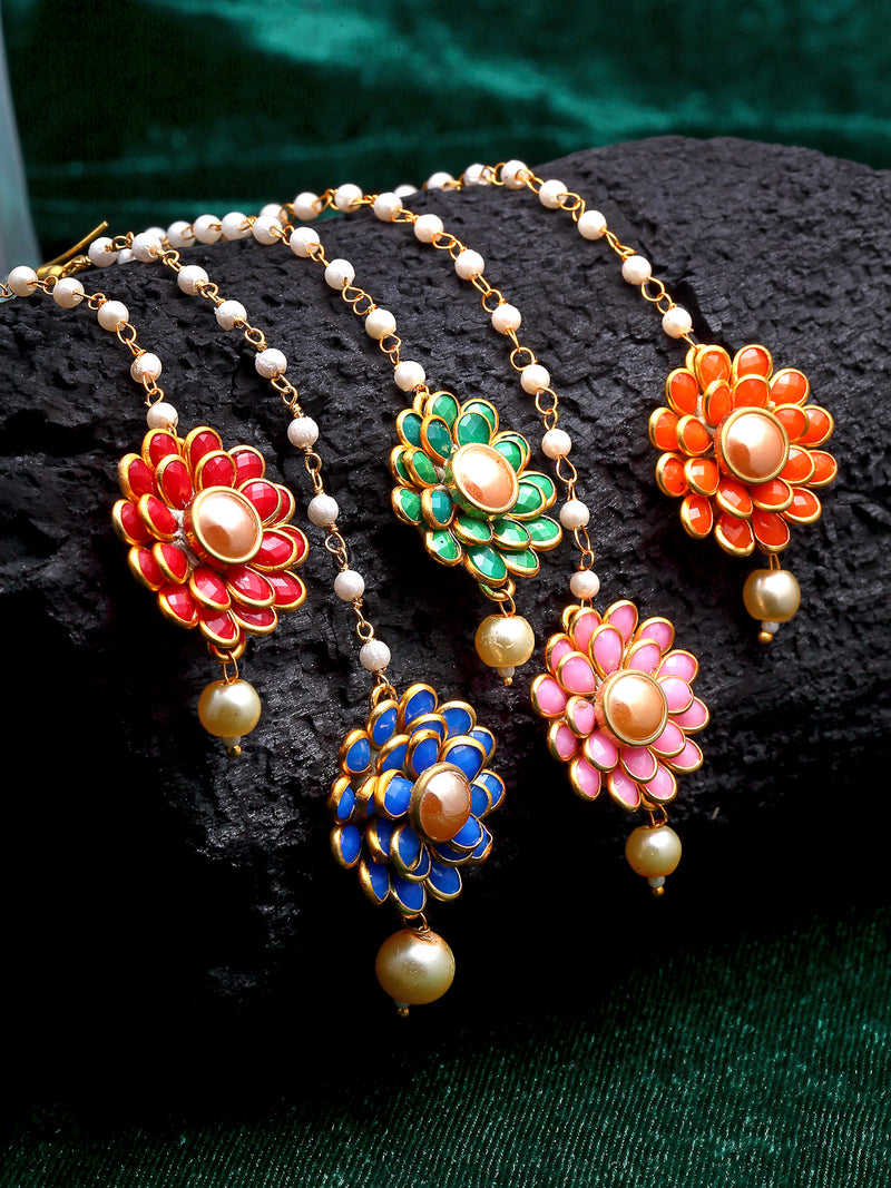 Gold-Plated Colourfull Stone Studded Maang Tikka Jewellery  Set of 5