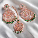 Rose Gold Plated Green American Diamond Studded Chand Bali Maang Tikka with Earring Set