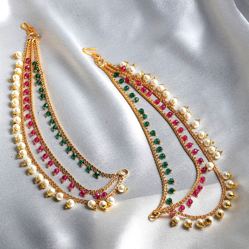 Set of 2 Multicoloured Stone-Studded Floral Shaped Gold-Plated Ear Chain