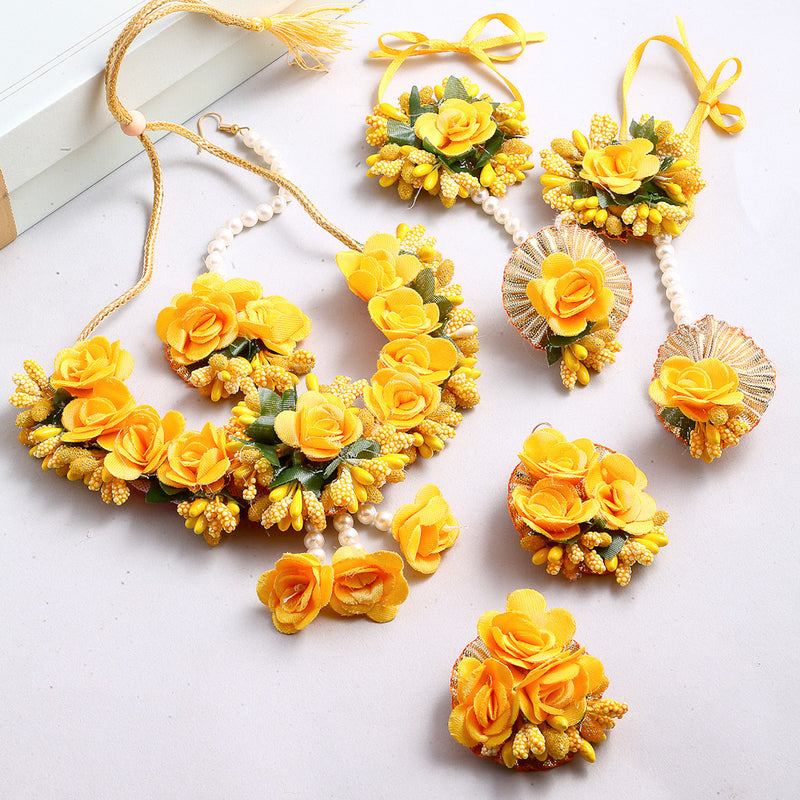 Gold-Plated Yellow & Green Pearl Gota Patti Flower Jewellery Set Combo (Haldi, Mehndi, Bridal Shower )