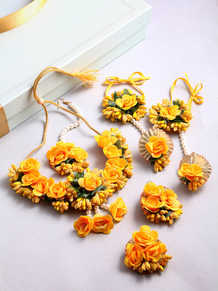Gold-Plated Yellow & Green Pearl Gota Patti Flower Jewellery Set Combo (Haldi, Mehndi, Bridal Shower )