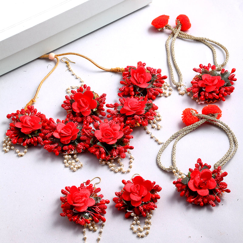 Red Pearl Gota Patti Flower Wedding Jewellery Set Combo