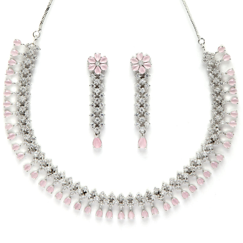 Rhodium-Plated with Silver-Tone Pink American Diamond-Studded Jewellery Set