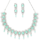 Rhodium-Plated Silver-Toned & Sea-Green American Diamond Stone-Studded Jewellery Set