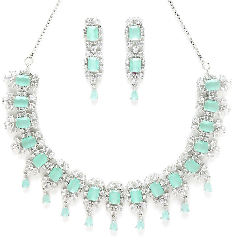 Rhodium-Plated Silver-Toned & Sea-Green American Diamond Stone-Studded Jewellery Set