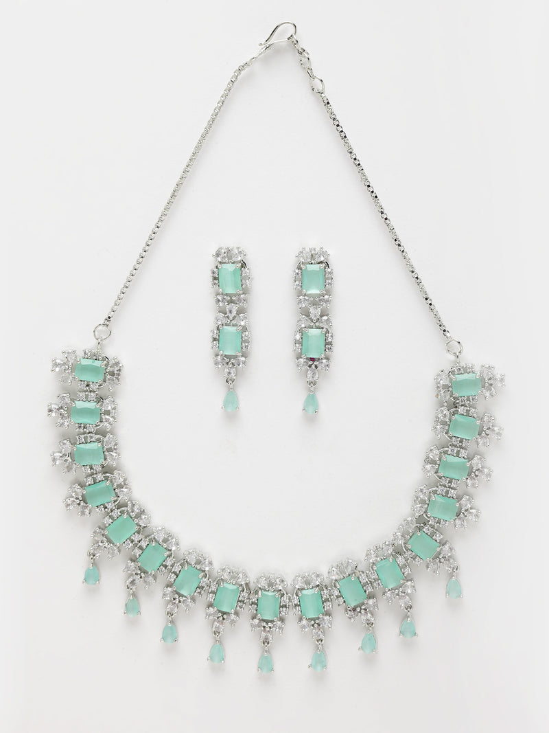 Rhodium-Plated Silver-Toned & Sea-Green American Diamond Stone-Studded Jewellery Set