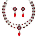 Rhodium-Plated with Oxidised Silver-Tone Red Studded & Pearl Beaded Jewellery Set