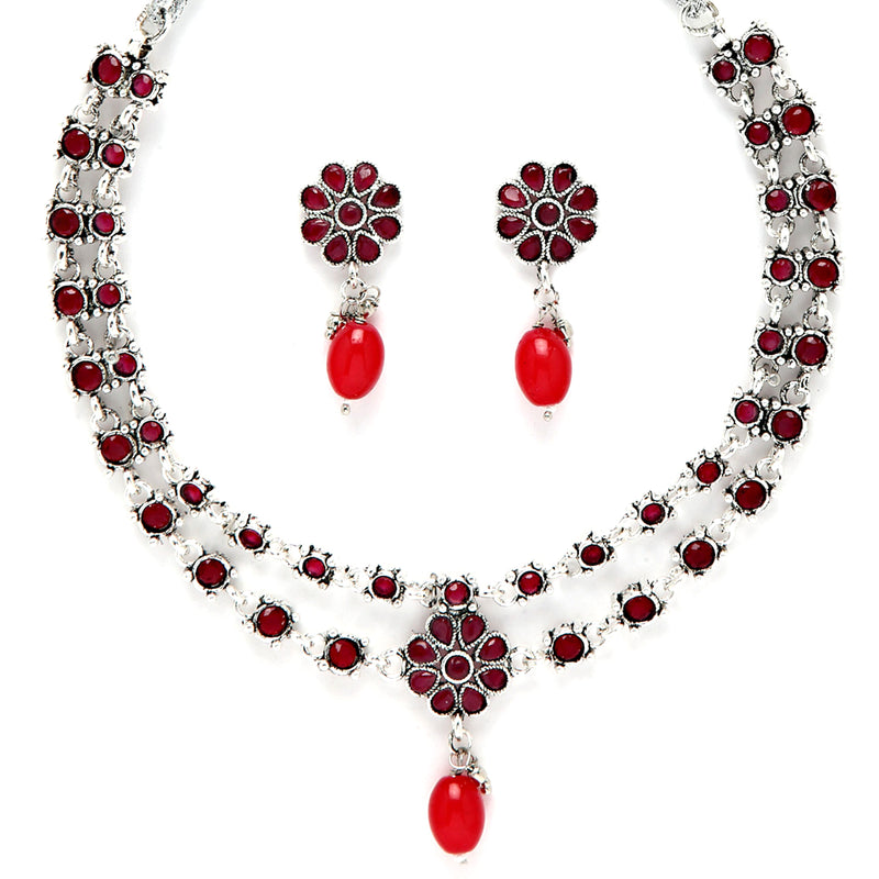 Rhodium-Plated with Oxidised Silver-Tone Red Studded & Pearl Beaded Jewellery Set