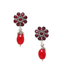 Rhodium-Plated with Oxidised Silver-Tone Red Studded & Pearl Beaded Jewellery Set