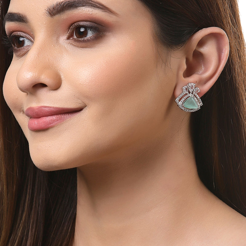 Sea Green American Diamond Triangular Shaped Rhodium-Plated with Silver-Tone Studs Earrings