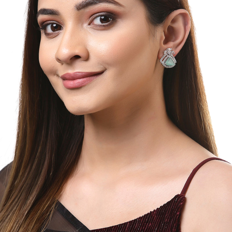 Sea Green American Diamond Triangular Shaped Rhodium-Plated with Silver-Tone Studs Earrings