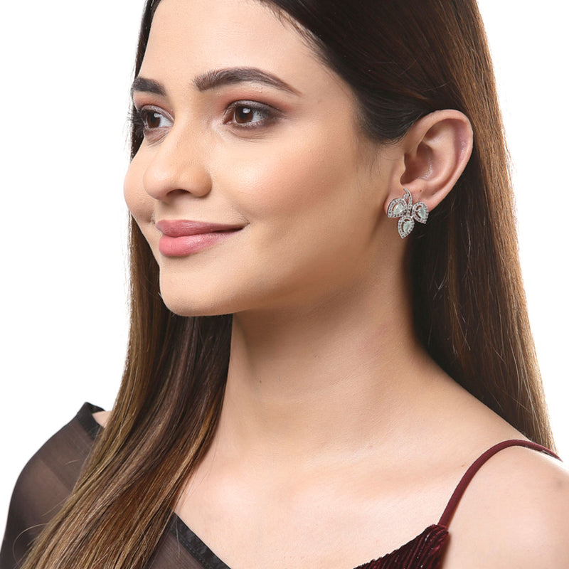 Rhodium-Plated with Silver-Toned Sea Green American Diamond Leaf Shaped Studs Earrings