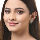 Rhodium-Plated with Silver-Toned Sea Green American Diamond Leaf Shaped Studs Earrings