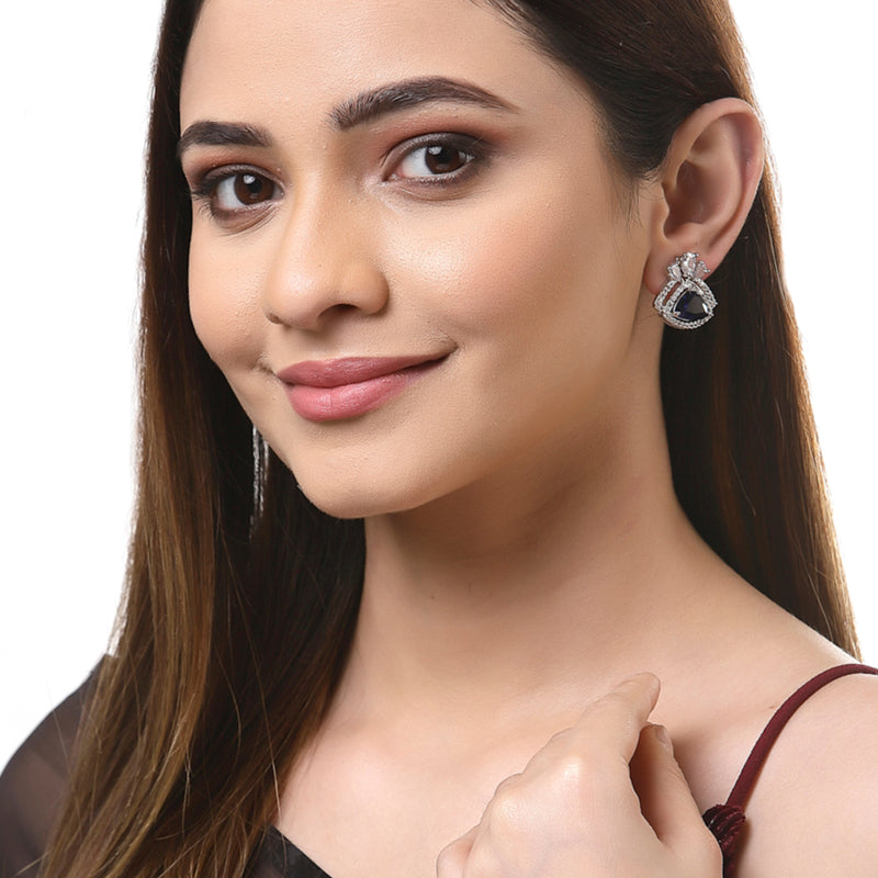 Navy Blue American Diamond Triangular Shaped Rhodium-Plated with Silver-Tone Studs Earrings