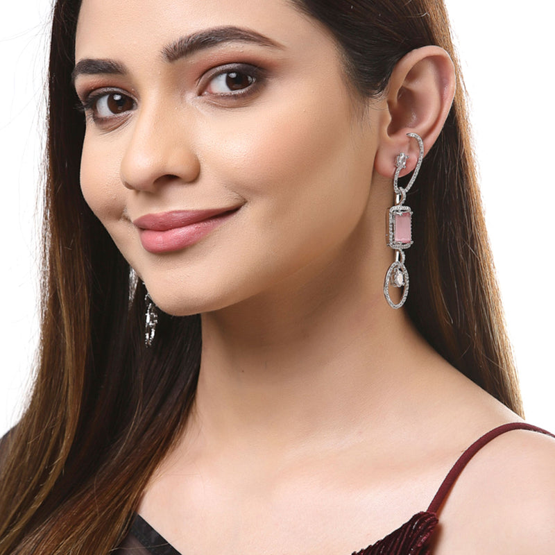 Pink Geometric Shaped Rhodium-Plated with Silver-Tone Drop Earrings