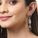 Pink Geometric Shaped Rhodium-Plated with Silver-Tone Drop Earrings