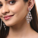 Pink American Diamond Rhodium-Plated with Silver-Tone Studded Leaf Shaped Drop Earrings