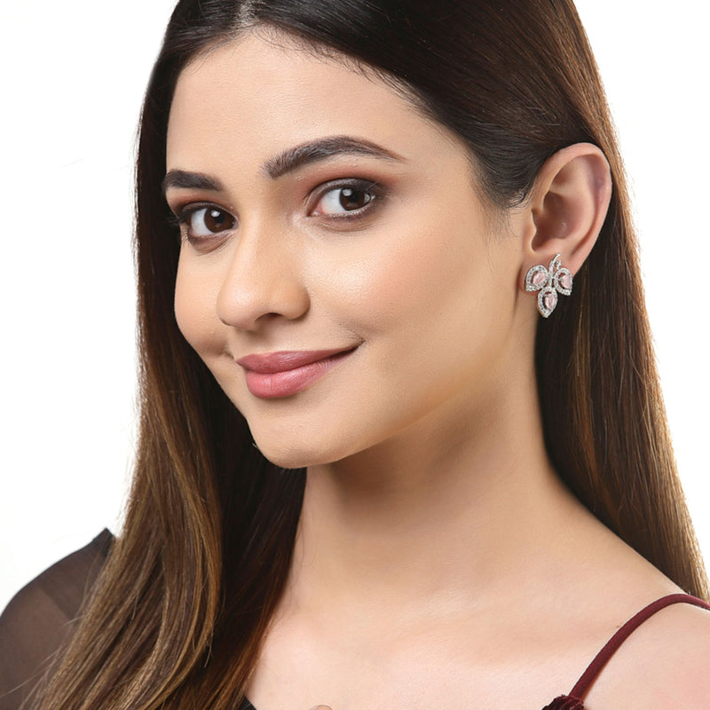 Rhodium-Plated with Silver-Toned Pink American Diamond Leaf Shaped Studs Earrings