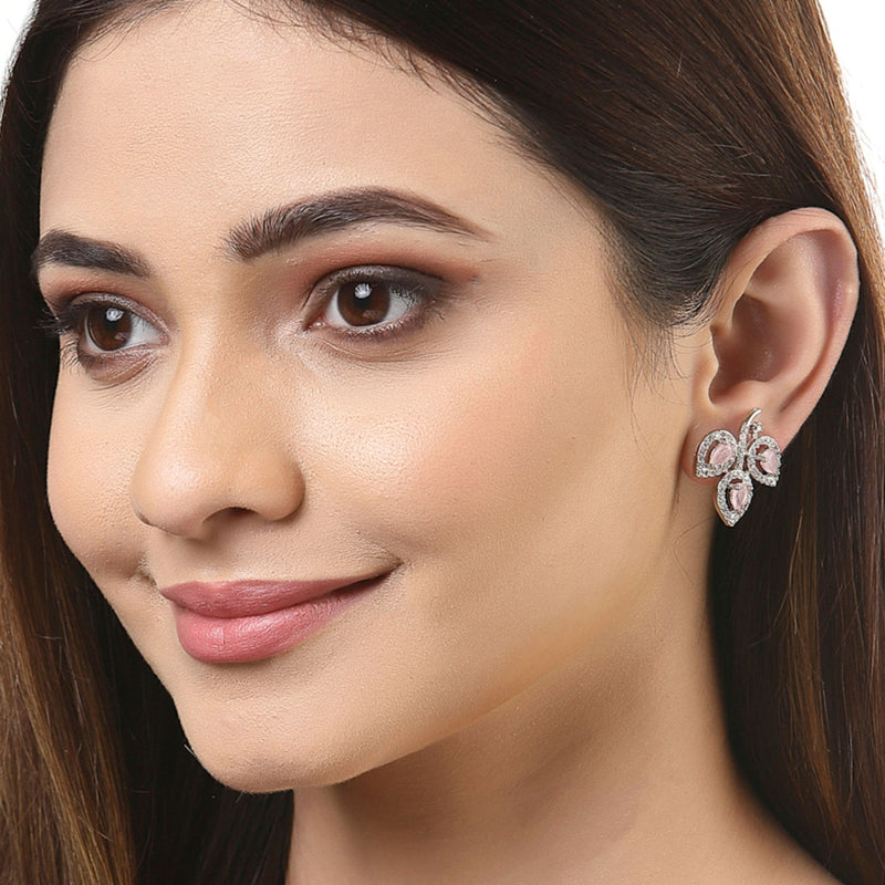 Rhodium-Plated with Silver-Toned Pink American Diamond Leaf Shaped Studs Earrings