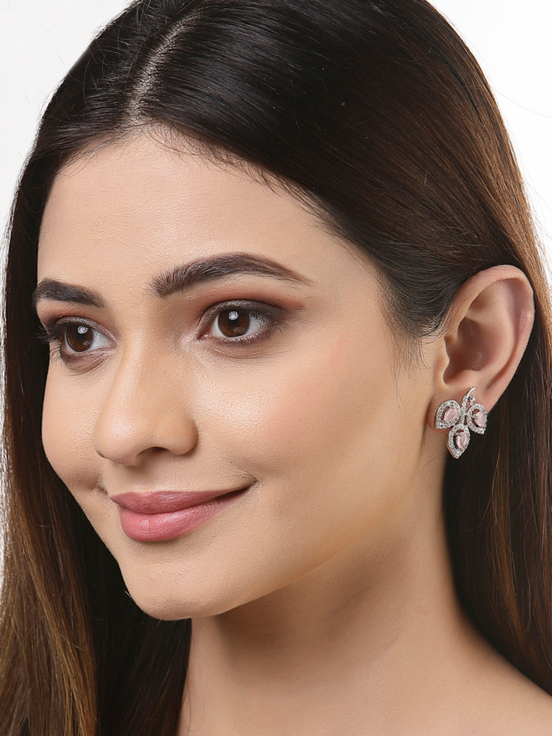 Rhodium-Plated with Silver-Toned Pink American Diamond Leaf Shaped Studs Earrings