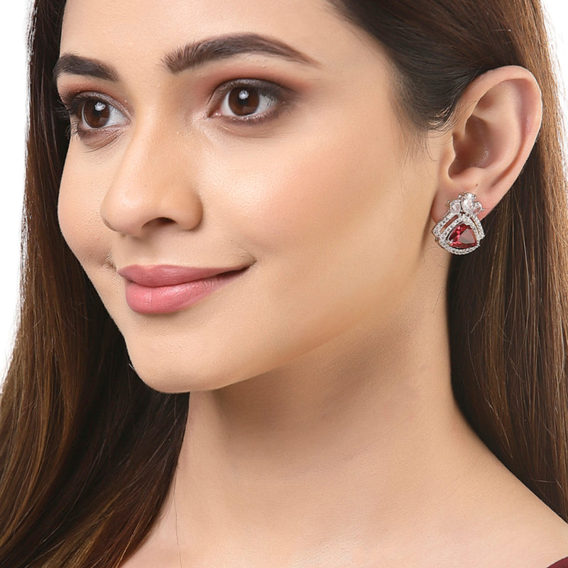 Red American Diamond Triangular Shaped Rhodium-Plated with Silver-Tone Studs Earrings