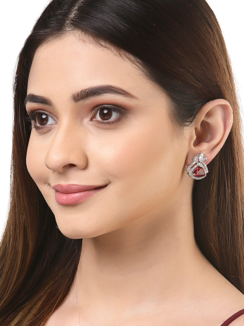 Red American Diamond Triangular Shaped Rhodium-Plated with Silver-Tone Studs Earrings