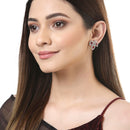 Rhodium-Plated with Silver-Toned Red American Diamond Leaf Shaped Studs Earrings