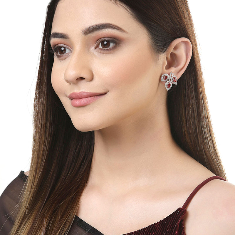 Rhodium-Plated with Silver-Toned Red American Diamond Leaf Shaped Studs Earrings