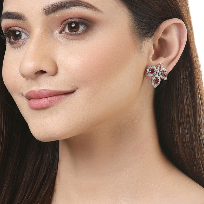 Rhodium-Plated with Silver-Toned Red American Diamond Leaf Shaped Studs Earrings