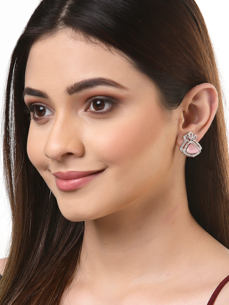 Pink American Diamond Triangular Shaped Rhodium-Plated with Silver-Tone Studs Earrings