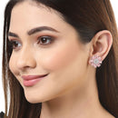 Pink American Diamond Studded Floral Shaped Rhodium-Plated with Silver-Tone Studs Earrings