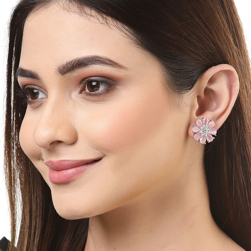 Pink American Diamond Studded Floral Shaped Rhodium-Plated with Silver-Tone Studs Earrings