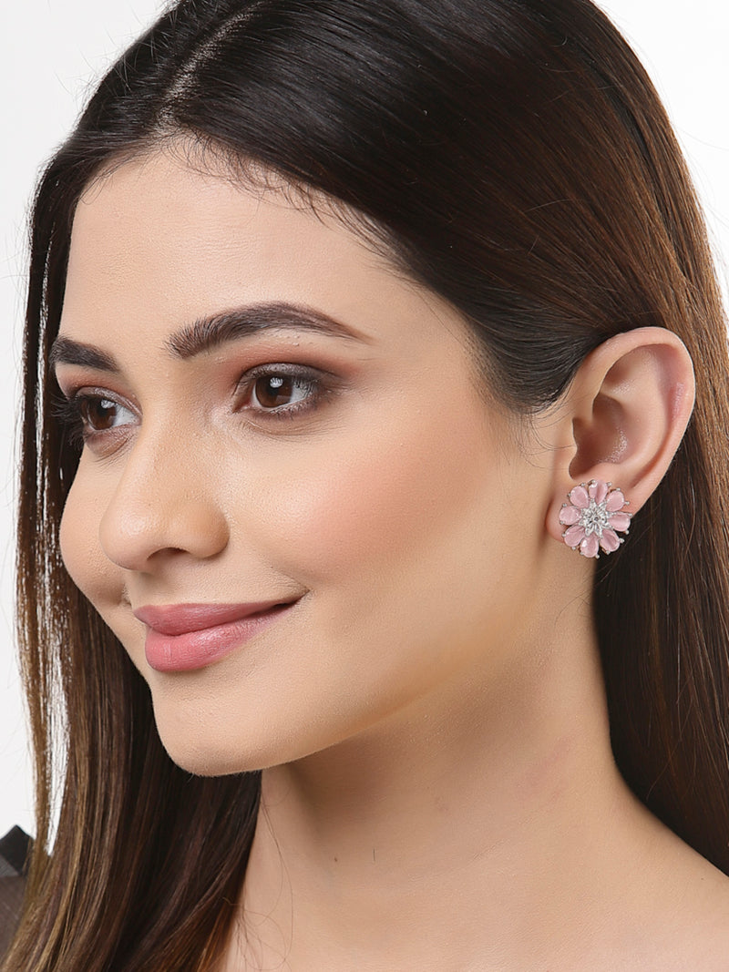 Pink American Diamond Studded Floral Shaped Rhodium-Plated with Silver-Tone Studs Earrings