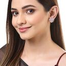 Pink American Diamond Studded Floral Shaped Rhodium-Plated with Silver-Tone Studs Earrings