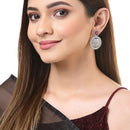 Red American Diamond Studded Geometric Shaped Rhodium-Plated with Silver-Tone Drop Earrings
