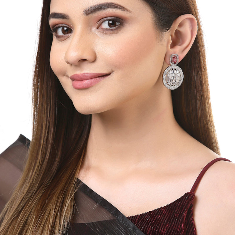Red American Diamond Studded Geometric Shaped Rhodium-Plated with Silver-Tone Drop Earrings