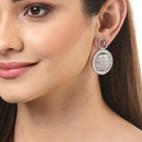 Red American Diamond Studded Geometric Shaped Rhodium-Plated with Silver-Tone Drop Earrings