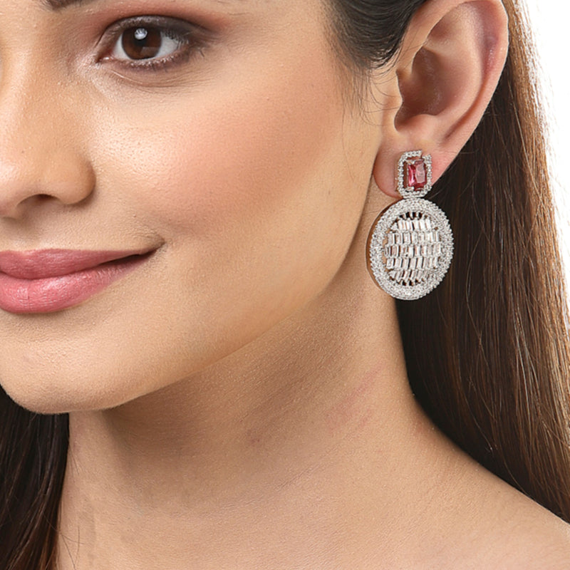 Red American Diamond Studded Geometric Shaped Rhodium-Plated with Silver-Tone Drop Earrings