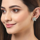 Rhodium-Plated with Silver-Toned Sea Green American Diamond Floral Studs Earrings