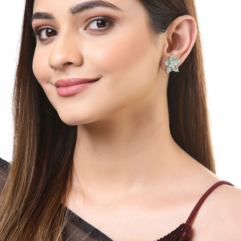 Rhodium-Plated with Silver-Toned Sea Green American Diamond Floral Studs Earrings
