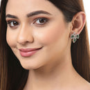 Rhodium-Plated with Silver-Toned Green American Diamond Leaf Shaped Studs Earrings