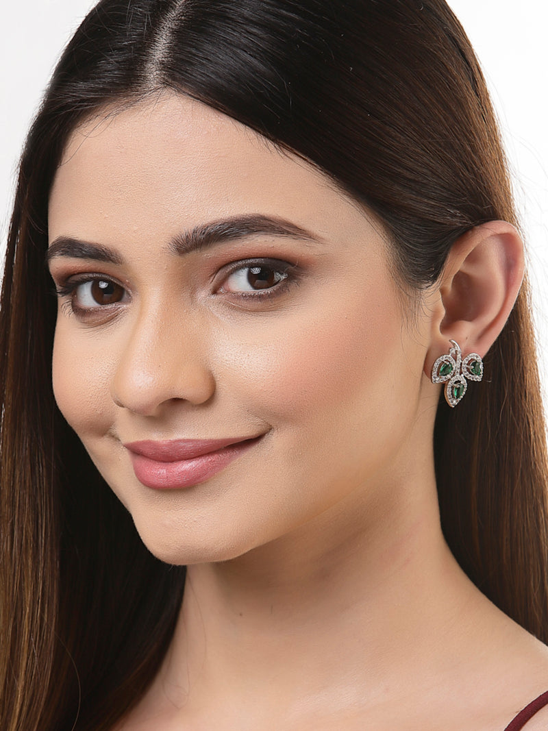 Rhodium-Plated with Silver-Toned Green American Diamond Leaf Shaped Studs Earrings