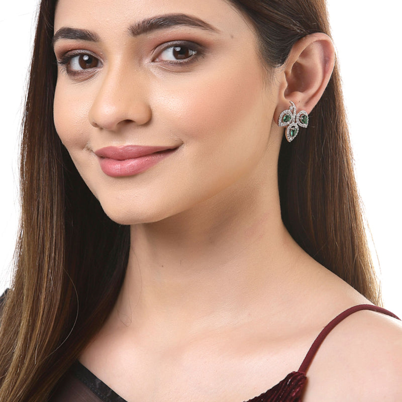 Rhodium-Plated with Silver-Toned Green American Diamond Leaf Shaped Studs Earrings