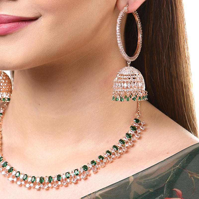 Rose Gold-Plated White & Green American Diamond Studded Jewellery Set