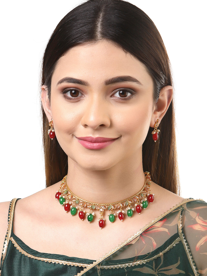 Designer Meena Work Gold Plated Necklace Set With Earrings