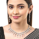 Rhodium-Plated with Silver-Tone Pink & White American Diamond Stone Studded & Beaded Jewellery Set