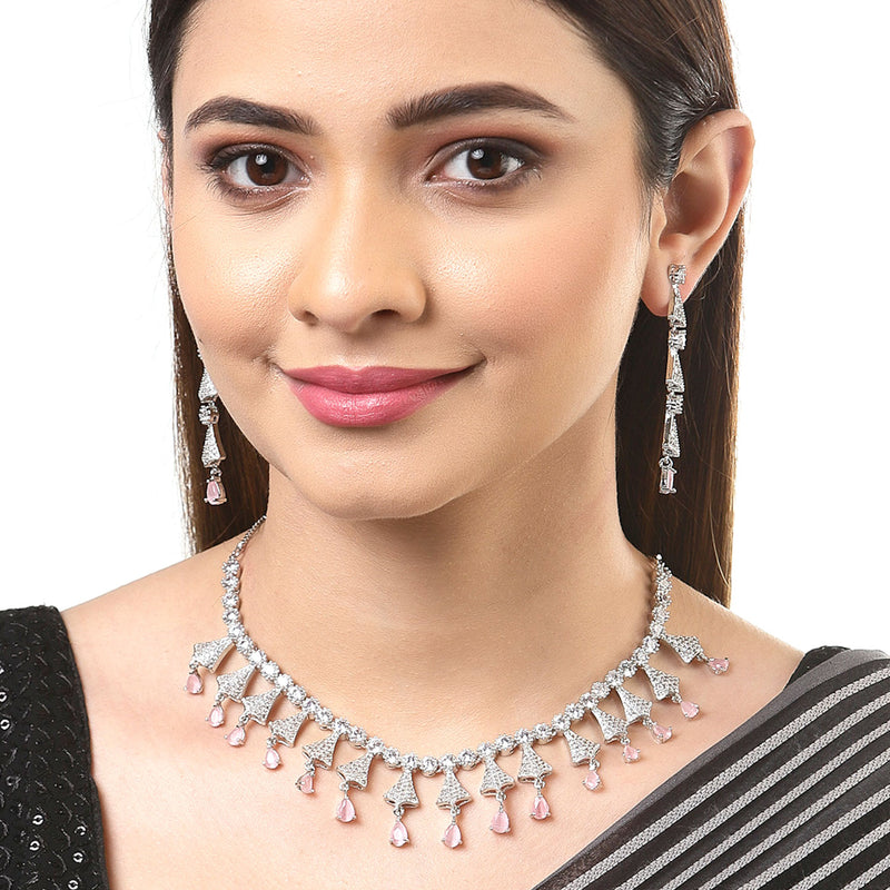 Rhodium-Plated with Silver-Tone Pink & White American Diamond Stone Studded & Beaded Jewellery Set