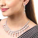 Rhodium-Plated with Silver-Tone Pink & White American Diamond Stone Studded & Beaded Jewellery Set