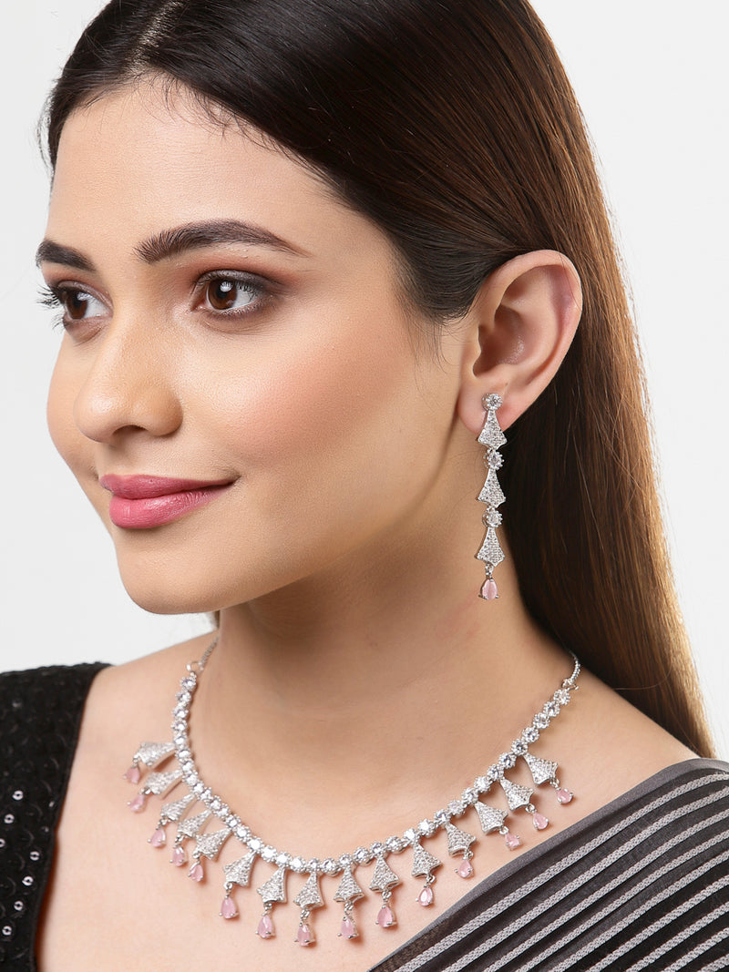 Rhodium-Plated with Silver-Tone Pink & White American Diamond Stone Studded & Beaded Jewellery Set